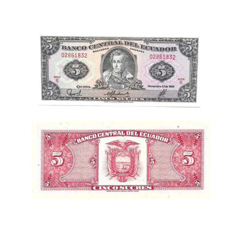 Cédula de 5 Sucres do Equador Ano 1988 – Personagem: Antonio José de Sucre