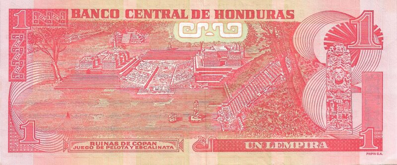 Cédula de 1 Lempira – Honduras 2022 | Ruínas de Copán e Herói Indígena Lempira - Imagem 3