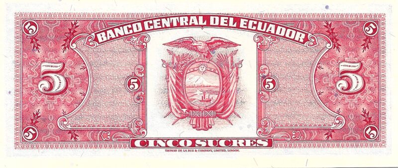 Cédula de 5 Sucres do Equador Ano 1988 – Personagem: Antonio José de Sucre - Imagem 3