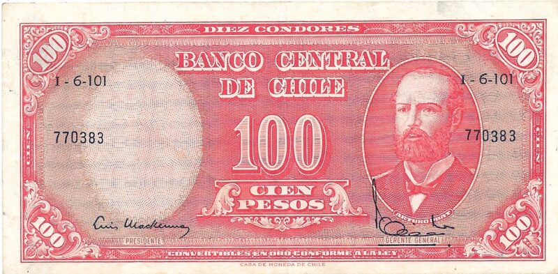 Cédula Antiga do Chile 100 Pesos – Banco Central – Arturo Prat – Série 770383 - Imagem 2