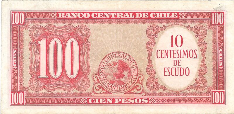 Cédula Antiga do Chile 100 Pesos – Banco Central – Arturo Prat – Série 770383 - Imagem 3