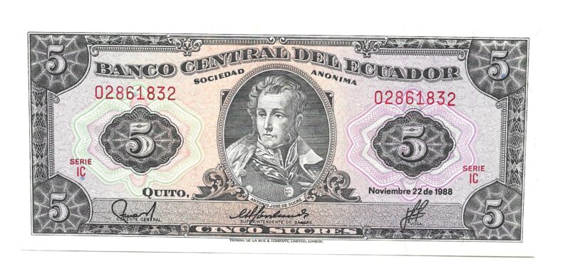 Cédula de 5 Sucres do Equador Ano 1988 – Personagem: Antonio José de Sucre - Imagem 3