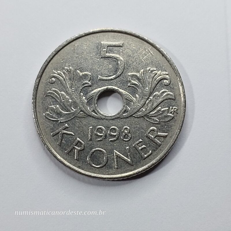 Moeda 5 Coroas Ano 1998 – Noruega | Harald V | Com Furo Central - Imagem 7