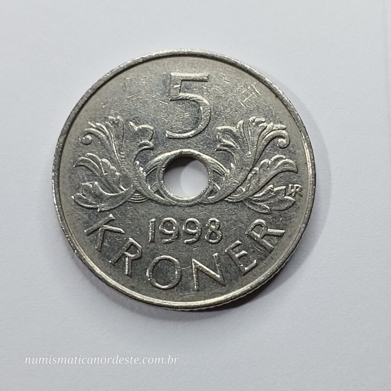 Moeda 5 Coroas Ano 1998 – Noruega | Harald V | Com Furo Central - Imagem 5