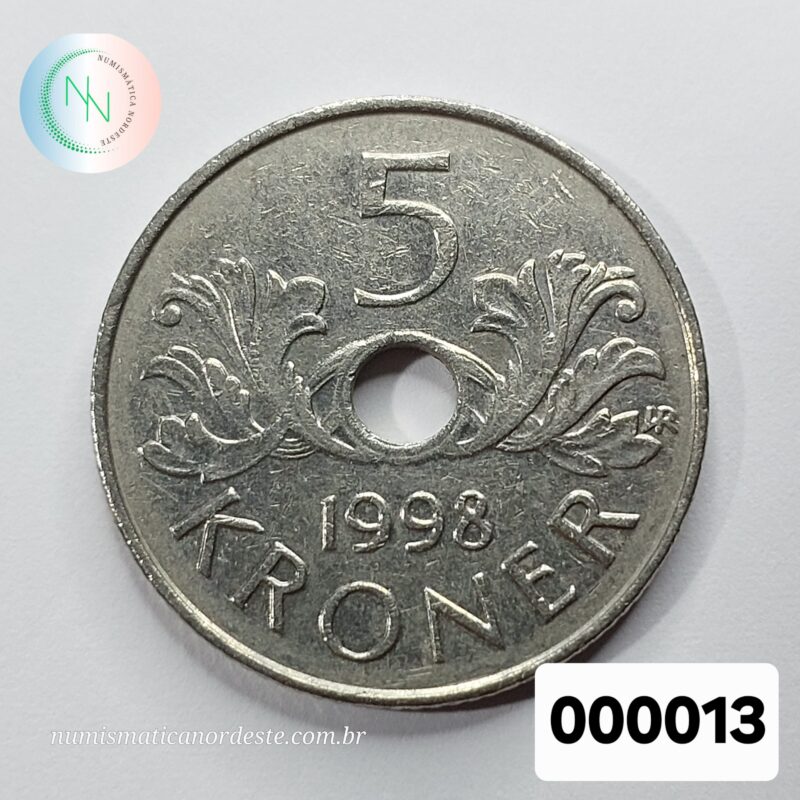 Moeda 5 Coroas Ano 1998 – Noruega | Harald V | Com Furo Central