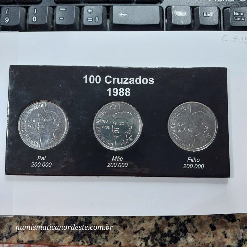 Trio Axé - 100 Cruzados Ano 1988 - Comemorativa ao Centenário da Abolição da Escravidão - Homem, Mulher e Criança - Flor de Cunho