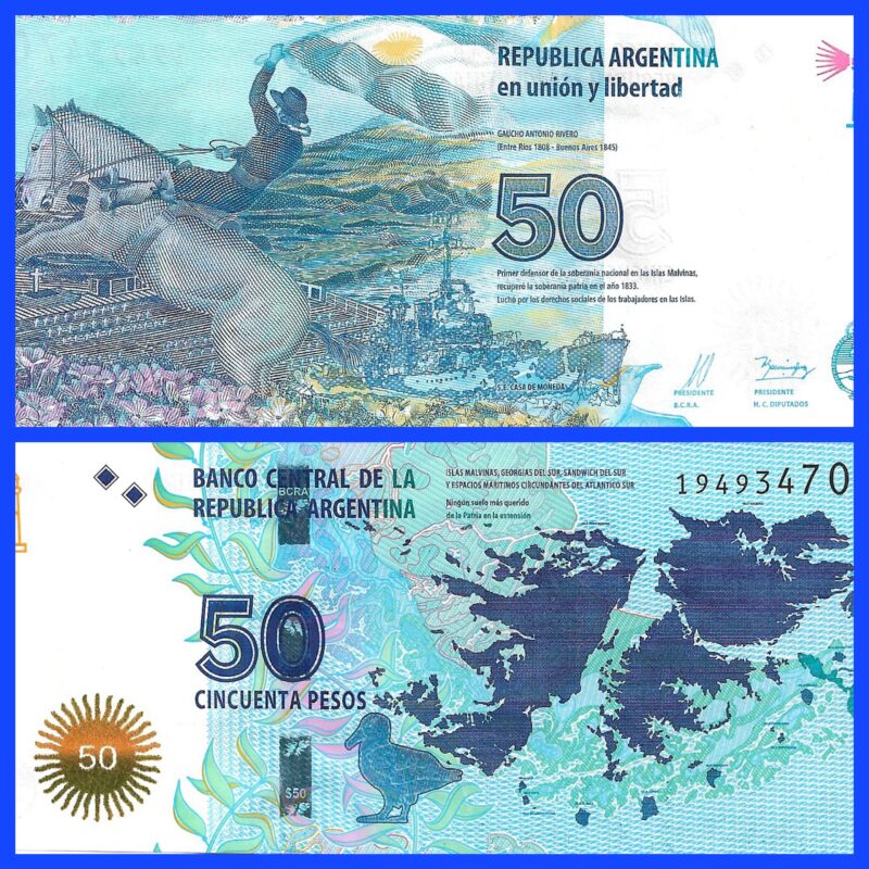 Cédula de 50 Pesos da Argentina - Ilhas Malvinas - Série Gaucho Antonio Rivero