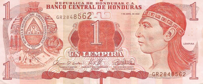 Cédula de 1 Lempira – Honduras 2022 | Ruínas de Copán e Herói Indígena Lempira - Imagem 2