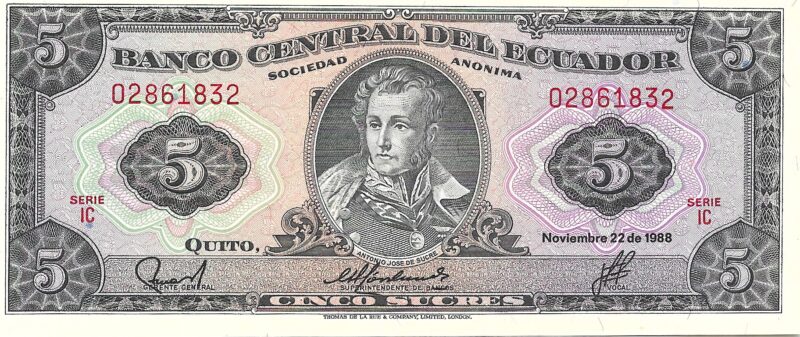 Cédula de 5 Sucres do Equador Ano 1988 – Personagem: Antonio José de Sucre - Imagem 2