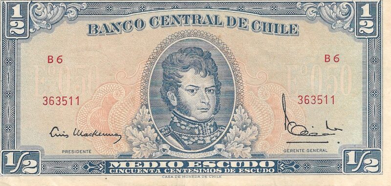 Cédula Chilena de ½ Escudo - Bernardo O'Higgins - Banco Central de Chile - Imagem 2