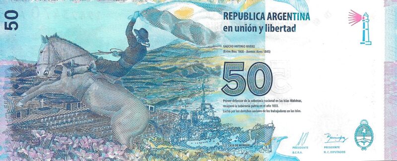 Cédula de 50 Pesos da Argentina - Ilhas Malvinas - Série Gaucho Antonio Rivero - Imagem 3
