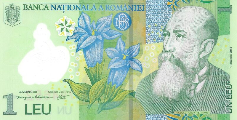 Cédula de 1 Leu da Romênia - Personagem: Nicolae Iorga de Polímero - Imagem 2