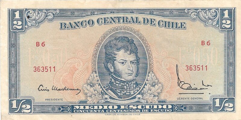 Cédula Chilena de ½ Escudo - Bernardo O'Higgins - Banco Central de Chile - Imagem 3