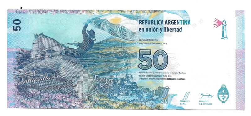 Cédula de 50 Pesos da Argentina - Ilhas Malvinas - Série Gaucho Antonio Rivero - Imagem 3