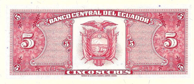 Cédula de 5 Sucres do Equador Ano 1988 – Personagem: Antonio José de Sucre - Imagem 2