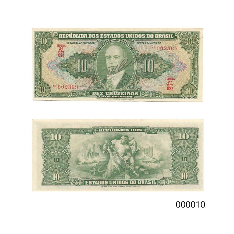 Cédula 10 Cruzeiros (Cr$10) – Getúlio Vargas - AUTOGRAFADA - 2ª Estampa
