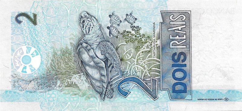 Cédula de 2 Reais (R$ 2) do Brasil - "Tartaruga Marinha" - 1a. Família - Imagem 3
