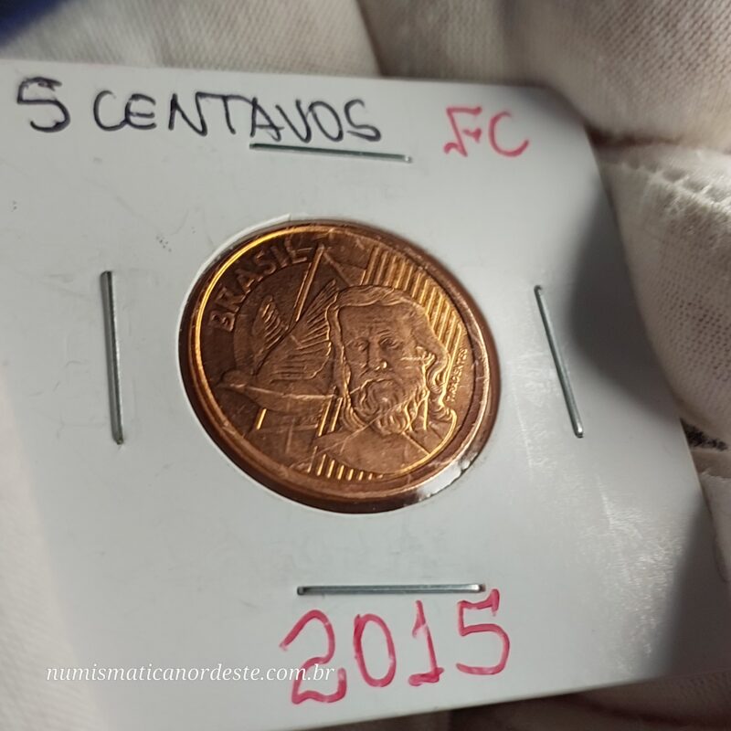Moeda de 5 Centavos do Brasil Ano 2015 - FLOR DE CUNHO - Imagem 7
