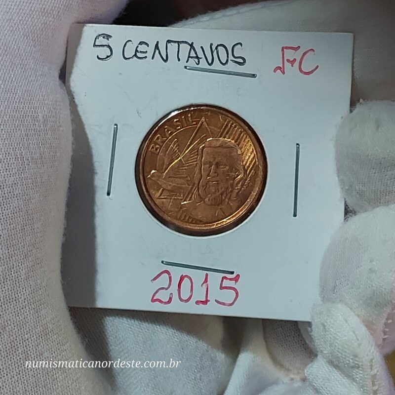 Moeda de 5 Centavos do Brasil Ano 2015 - FLOR DE CUNHO - Imagem 4