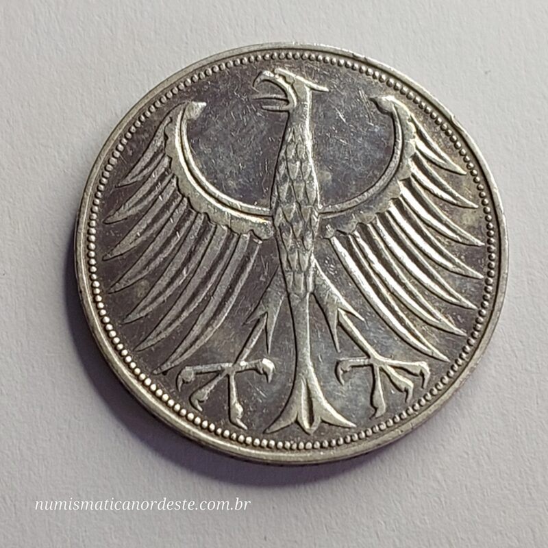 Moeda de 5 Marcos Ano 1951 da Alemanha - Bordo Legendado: 'EINIGKEIT UND RECHT UND FREIHEIT'  - Imagem 4