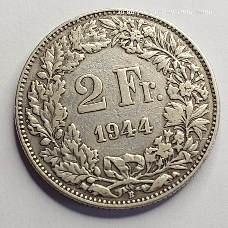 Moeda de 2 Francos Suíços Ano 1944 - Prata 0,835 -  Confederação Helvética