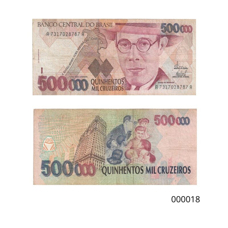 Cédula de 500.000 Cruzeiros (Cz$ 500.000) do Brasil - "Mário de Andrade"