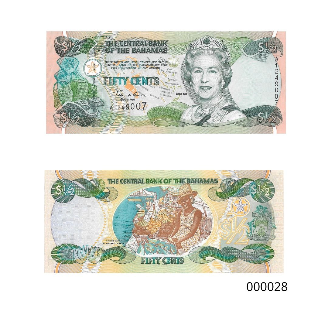 Cédula de 50 Centavos de Dólar das Bahamas Ano 2001 - Rainha Elizabeth II e Sister Sarah
