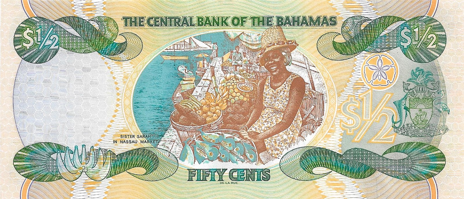 Cédula de 50 Centavos de Dólar das Bahamas Ano 2001 - Rainha Elizabeth II e Sister Sarah - Imagem 3