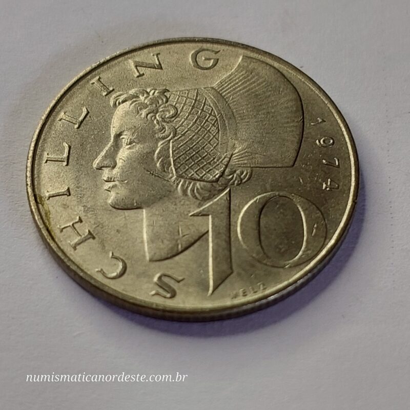 Moeda Áustria 10 Schilling 1974 - Mulher com chapéu - Imagem 3
