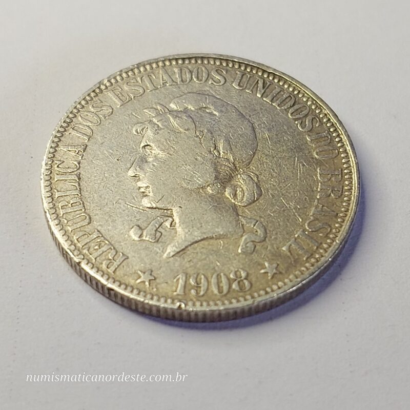 Moeda de 1.000 Réis do Brasil Ano 1908 Prata 0.900 - Réis da república (1889 - 1942) - Imagem 6