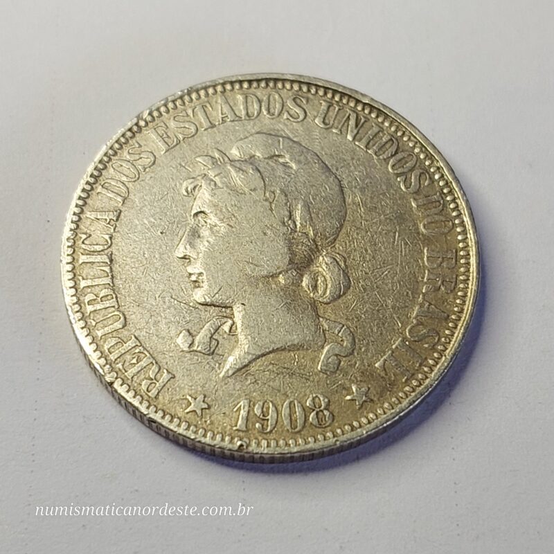 Moeda de 1.000 Réis do Brasil Ano 1908 Prata 0.900 - Réis da república (1889 - 1942) - Imagem 4