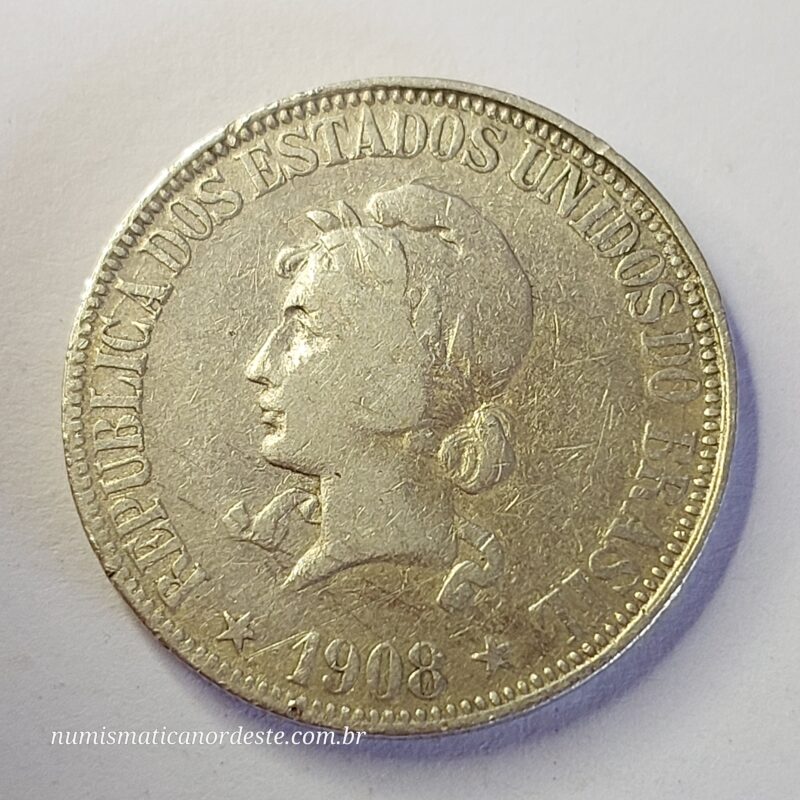 Moeda de 1.000 Réis do Brasil Ano 1908 Prata 0.900 - Réis da república (1889 - 1942) - Imagem 8