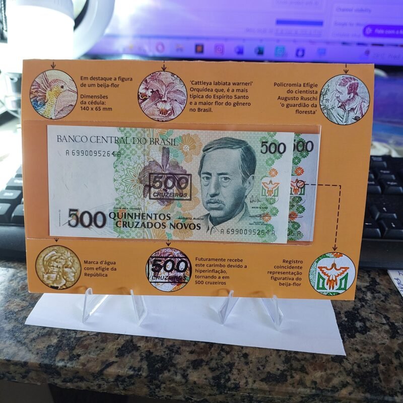 Folder com Cédula de 500 Cruzados Novos com Carimbo de 500 Cruzeiros - Augusto Ruschi