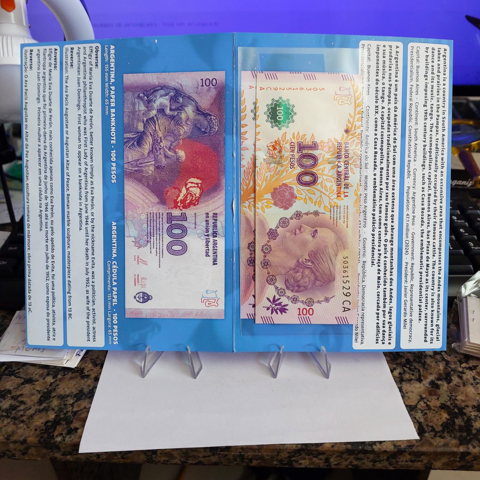 Folder com Cédula de 100 Pesos Argentinos - Evita Peron - Imagem 3
