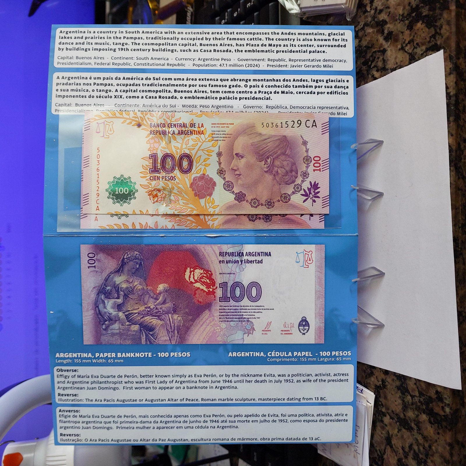 Folder com Cédula de 100 Pesos Argentinos - Evita Peron - Imagem 4