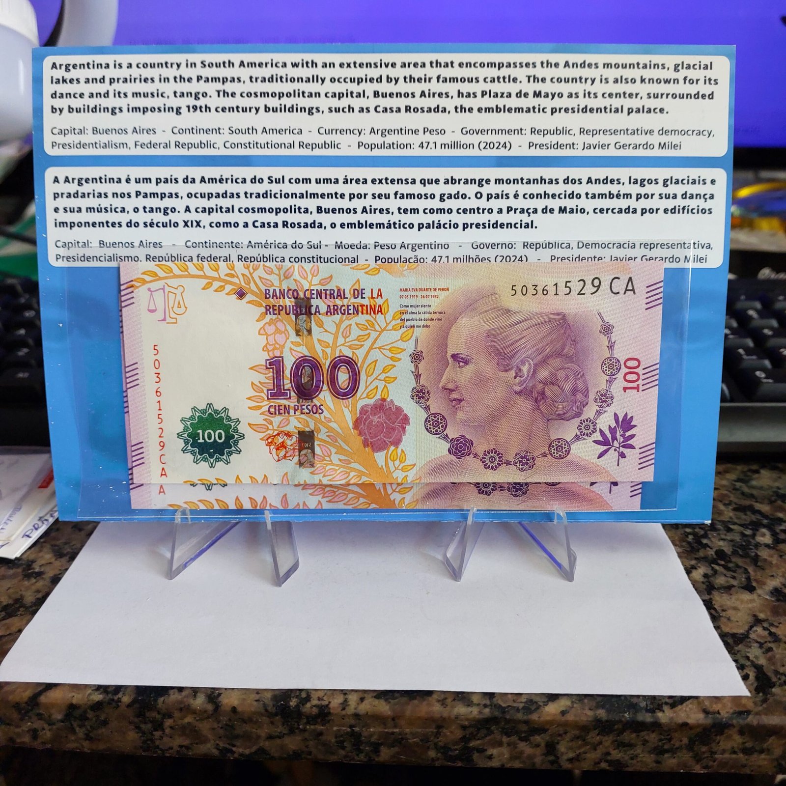 Folder com Cédula de 100 Pesos Argentinos - Evita Peron - Imagem 5