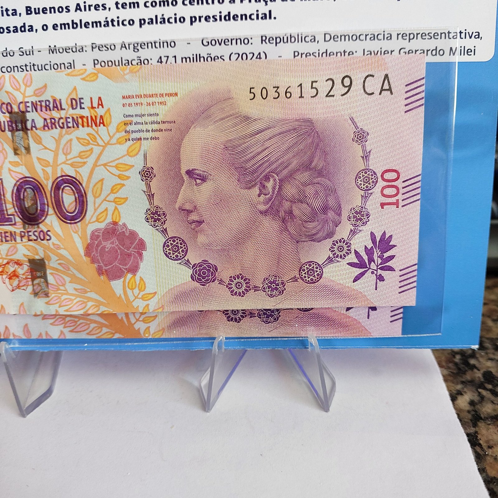 Folder com Cédula de 100 Pesos Argentinos - Evita Peron - Imagem 6