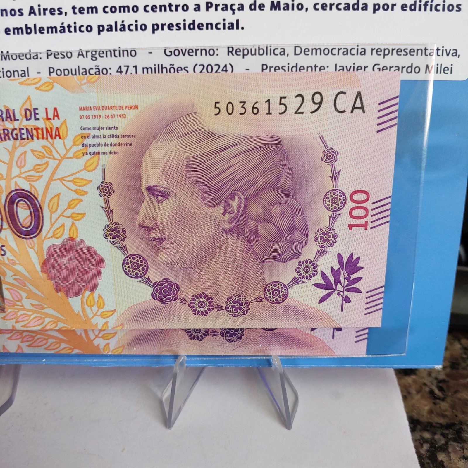 Folder com Cédula de 100 Pesos Argentinos - Evita Peron - Imagem 7
