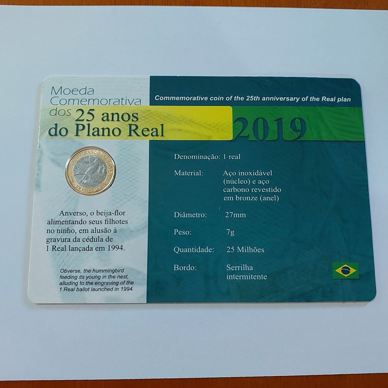Blister com Moeda de 1 Real do Brasil - 25 Anos do Plano Real - Beija Flor - Flor de Cunho