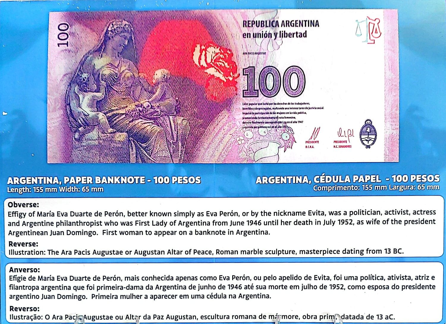 Folder com Cédula de 100 Pesos Argentinos - Evita Peron - Imagem 9