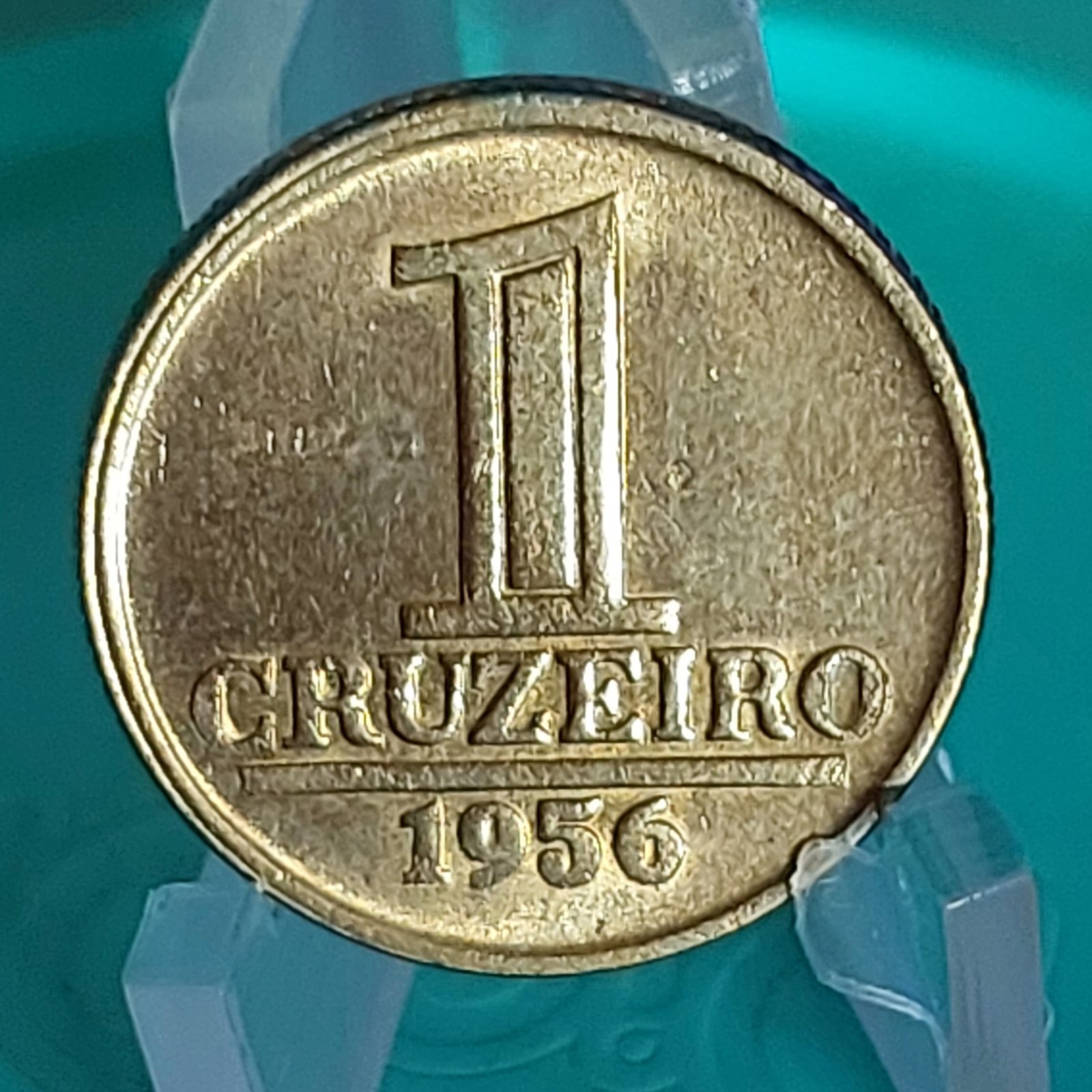 Moeda de 1 Cruzeiro do Brasil Ano 1956 - Armas da República - Módulo Menor - Imagem 7
