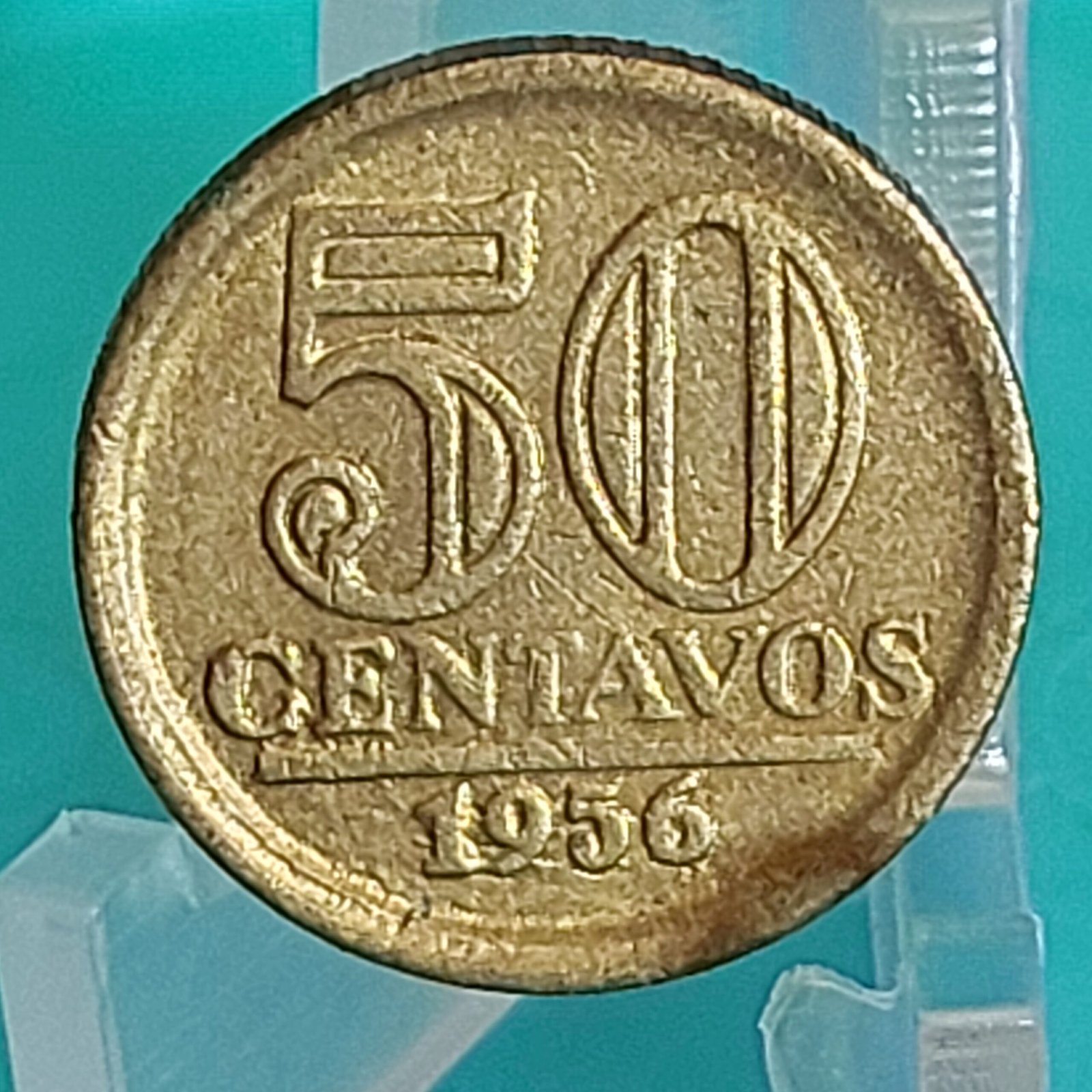 Moeda de 50 Centavos do Brasil Ano 1956 - Armas da República - Módulo Menor - Imagem 3