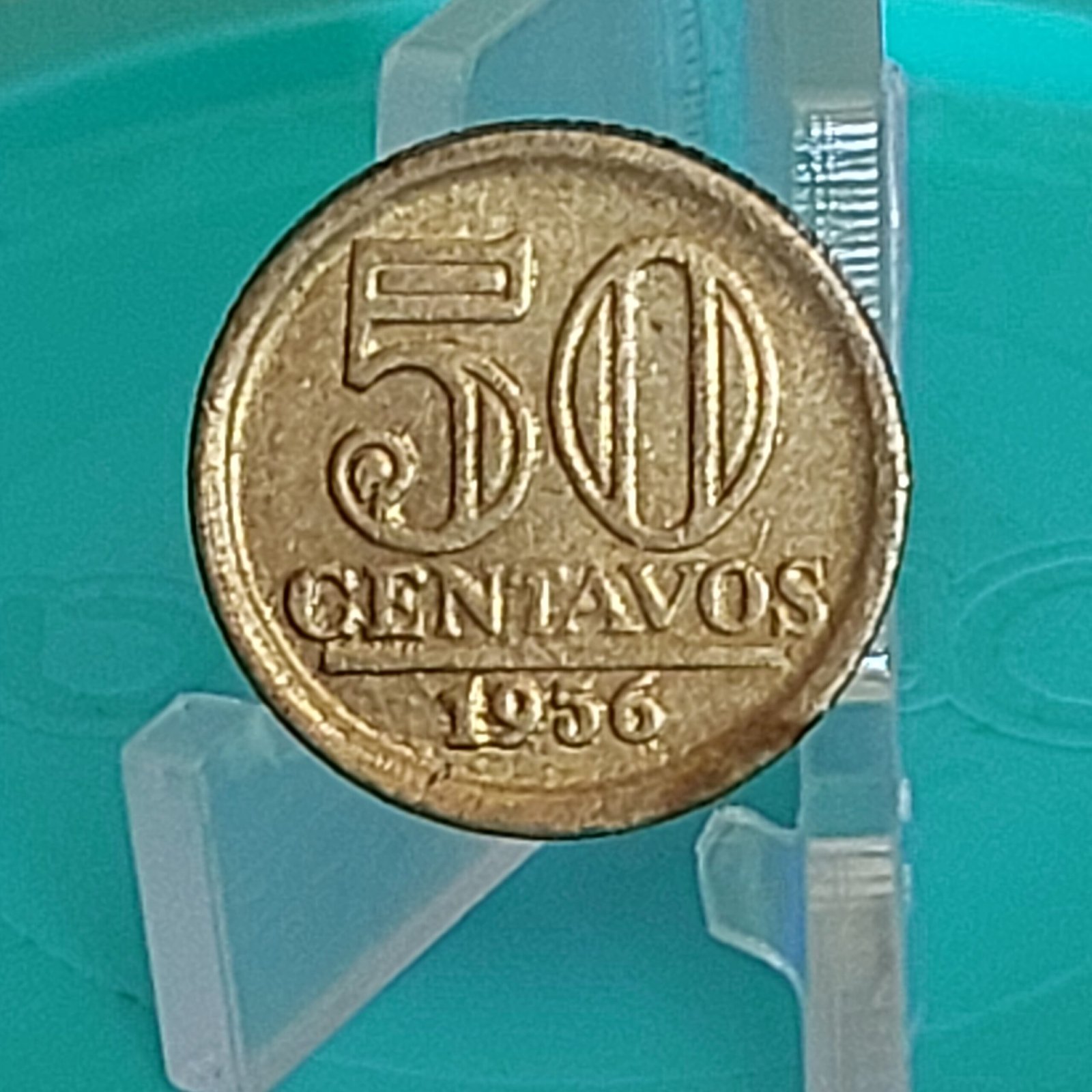 Moeda de 50 Centavos do Brasil Ano 1956 - Armas da República - Módulo Menor - Imagem 8
