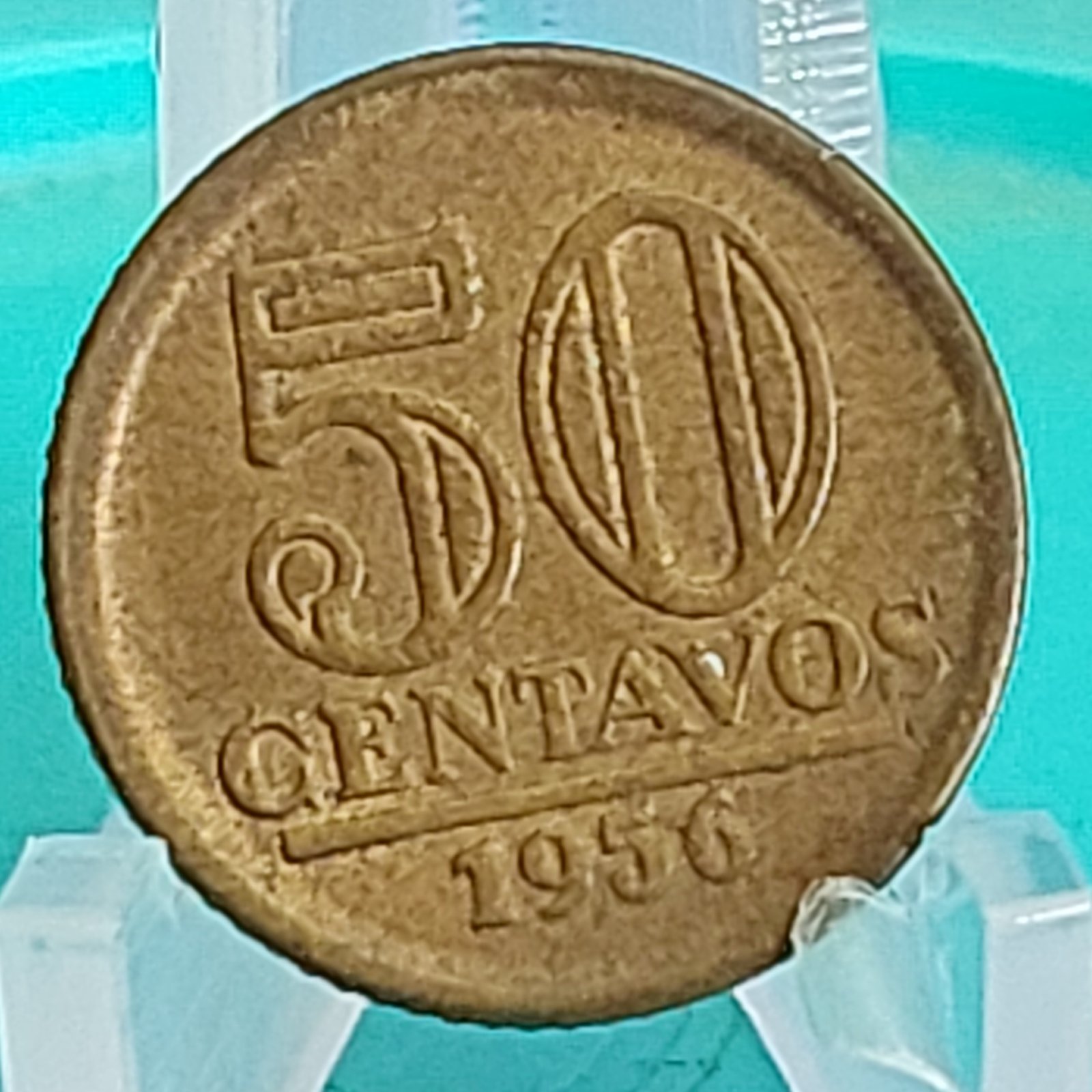 Moeda de 50 Centavos do Brasil Ano 1956 - Armas da República - Módulo Menor - Imagem 3