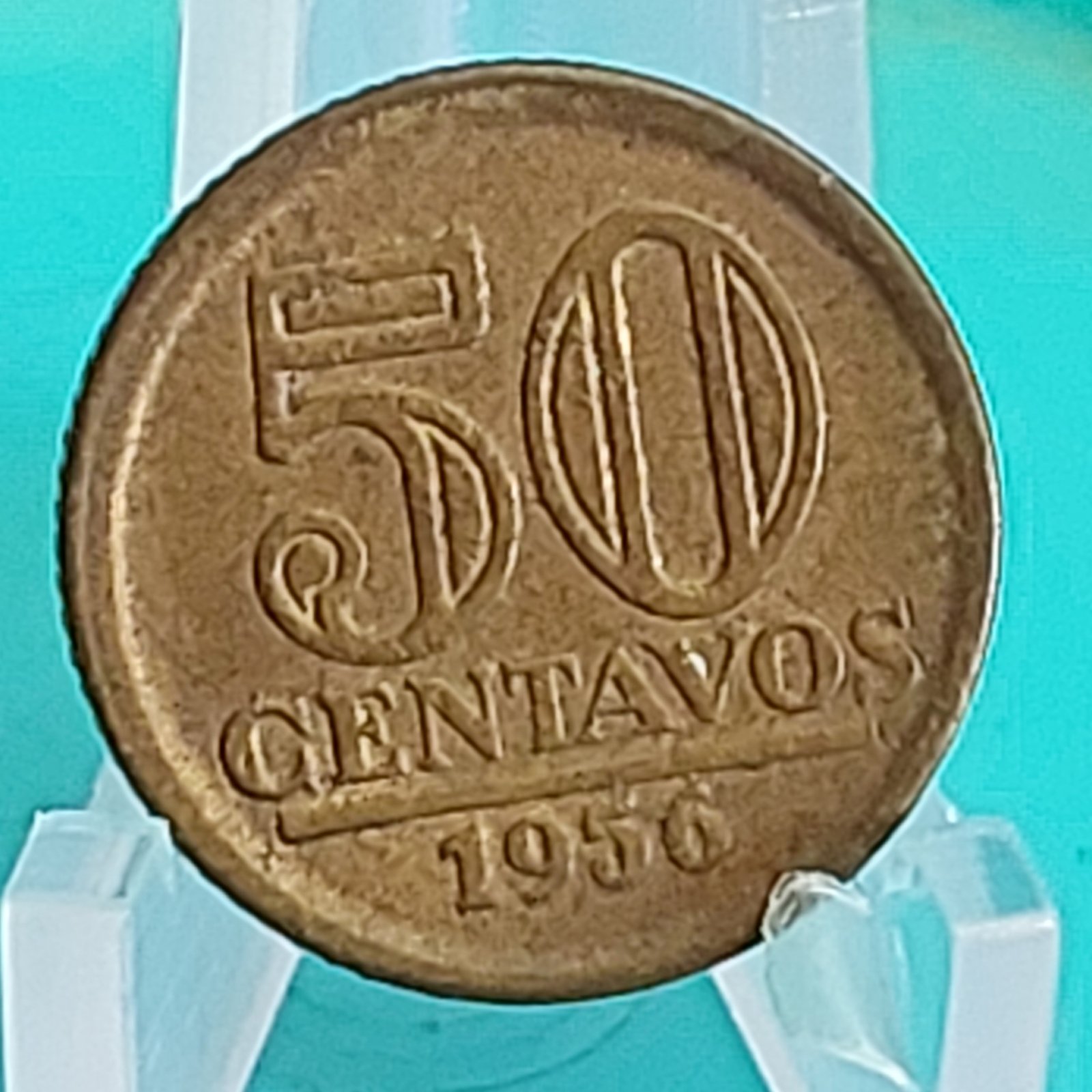 Moeda de 50 Centavos do Brasil Ano 1956 - Armas da República - Módulo Menor - Imagem 5