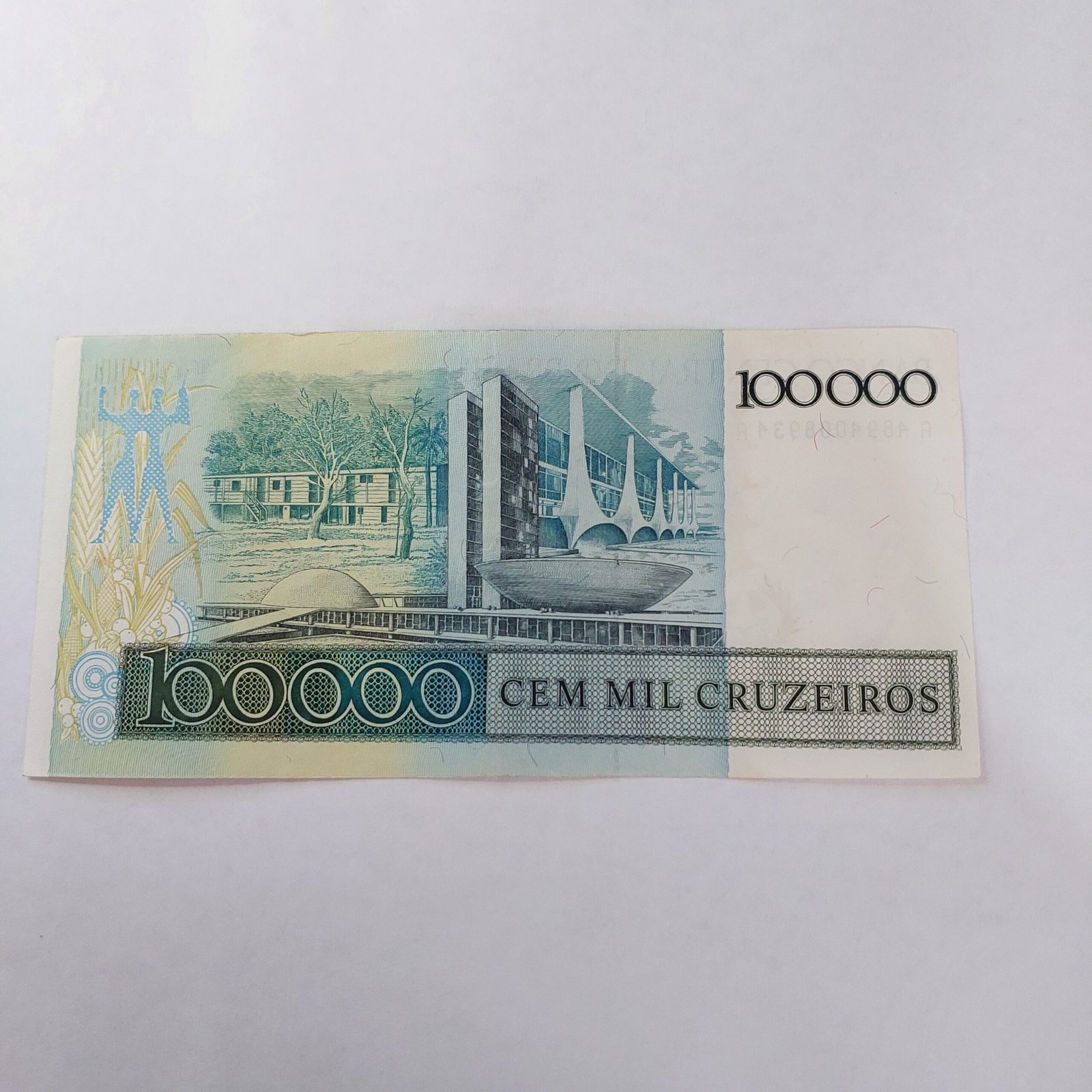 Cédula de 100.000 Cruzeiros (Cr$ 100.000) com Carimbo de 100 Cruzados (Cz$ 100) Ano 1986 - Juscelino Kubitschek - Imagem 7