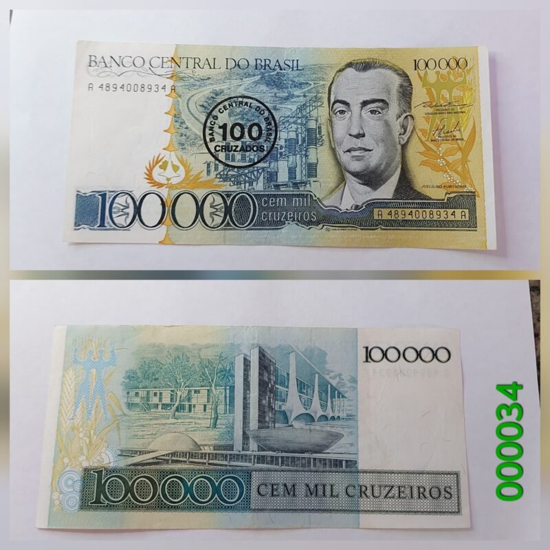 Cédula de 100.000 Cruzeiros (Cr$ 100.000) com  Carimbo de 100 Cruzados (Cz$ 100) Ano 1986 - Juscelino Kubitschek