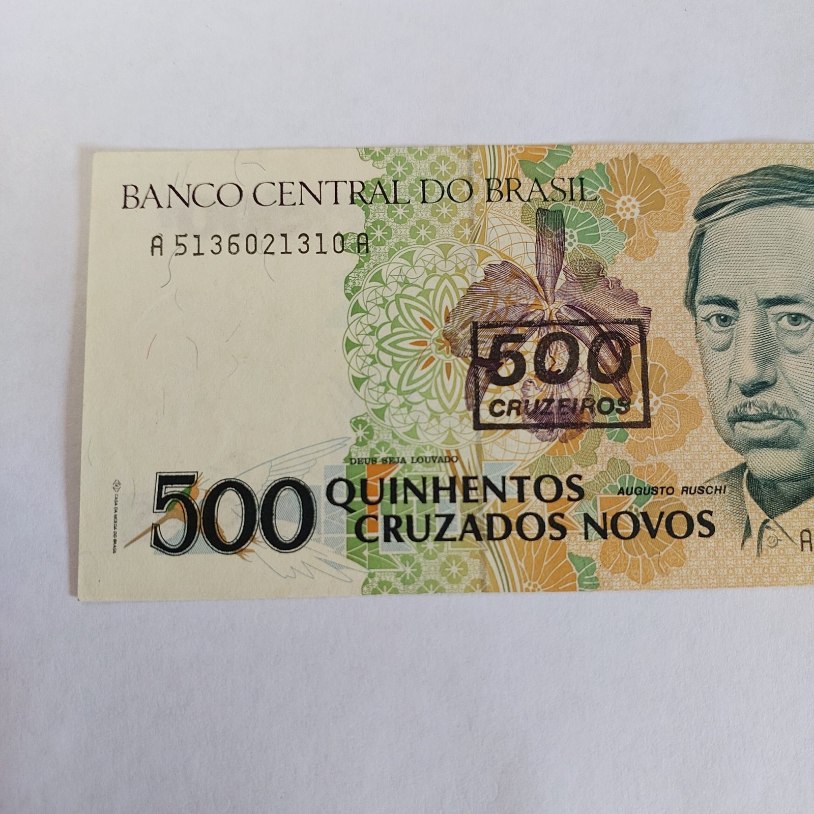 Cédula de 500 Cruzados Novos com Carimbo de 500 Cruzeiros - Augusto Ruschi - Imagem 3
