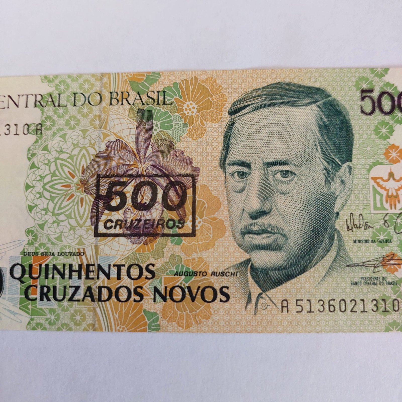 Cédula de 500 Cruzados Novos com Carimbo de 500 Cruzeiros - Augusto Ruschi - Imagem 4