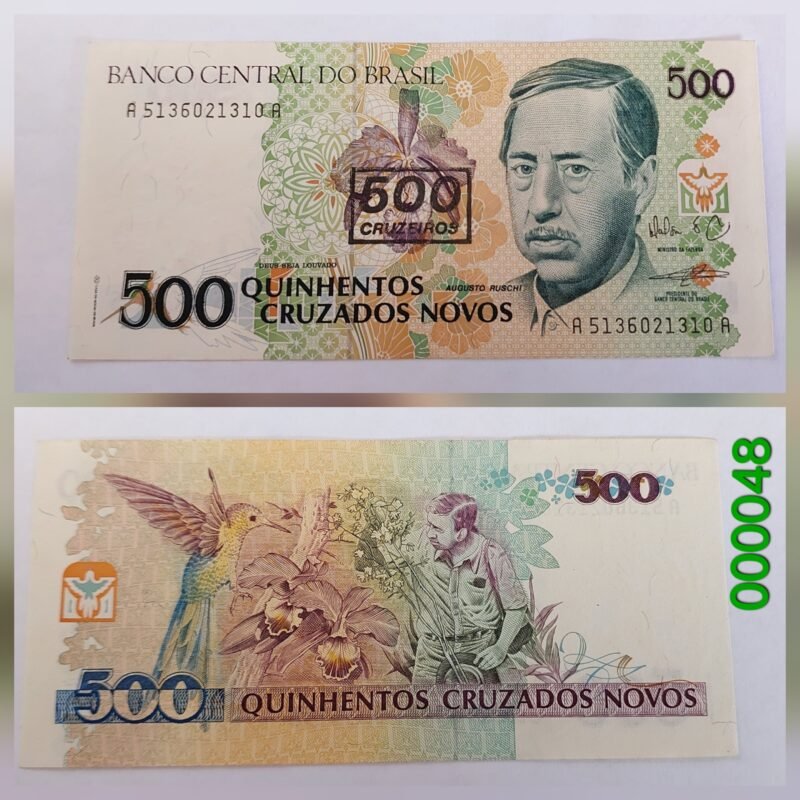 Cédula de 500 Cruzados Novos com Carimbo de 500 Cruzeiros - Augusto Ruschi